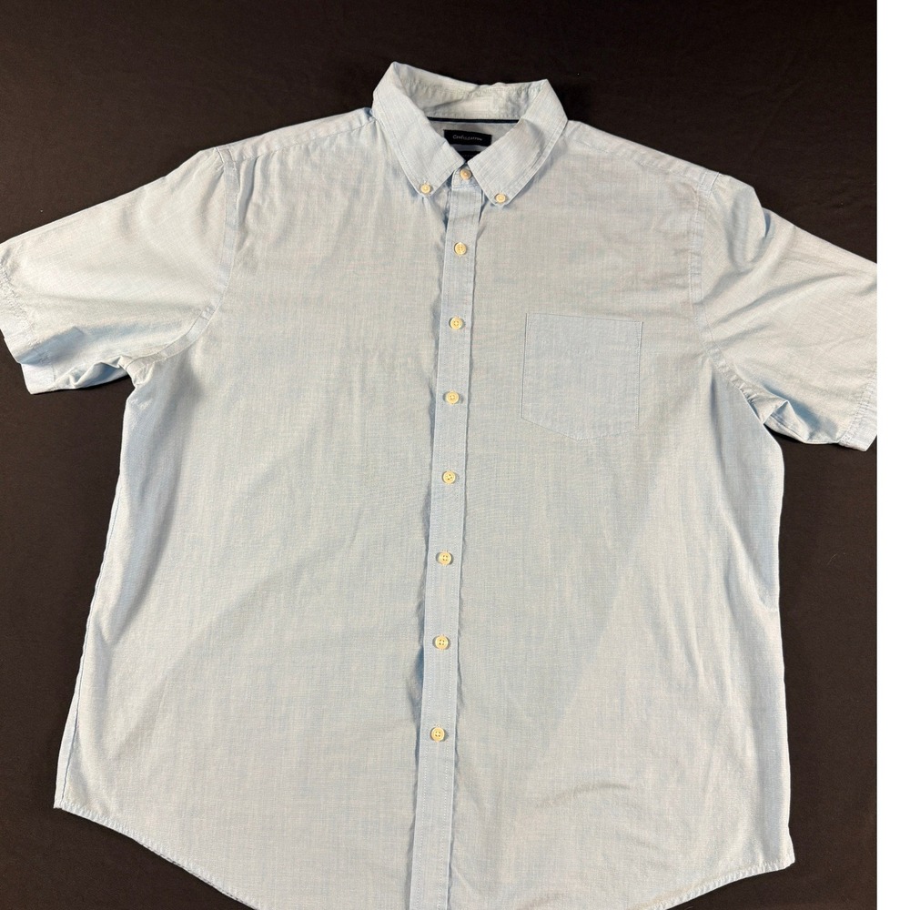 Mens XL Light Blue Short Sleeve Chambray Button Down Shirt Academia Preppy